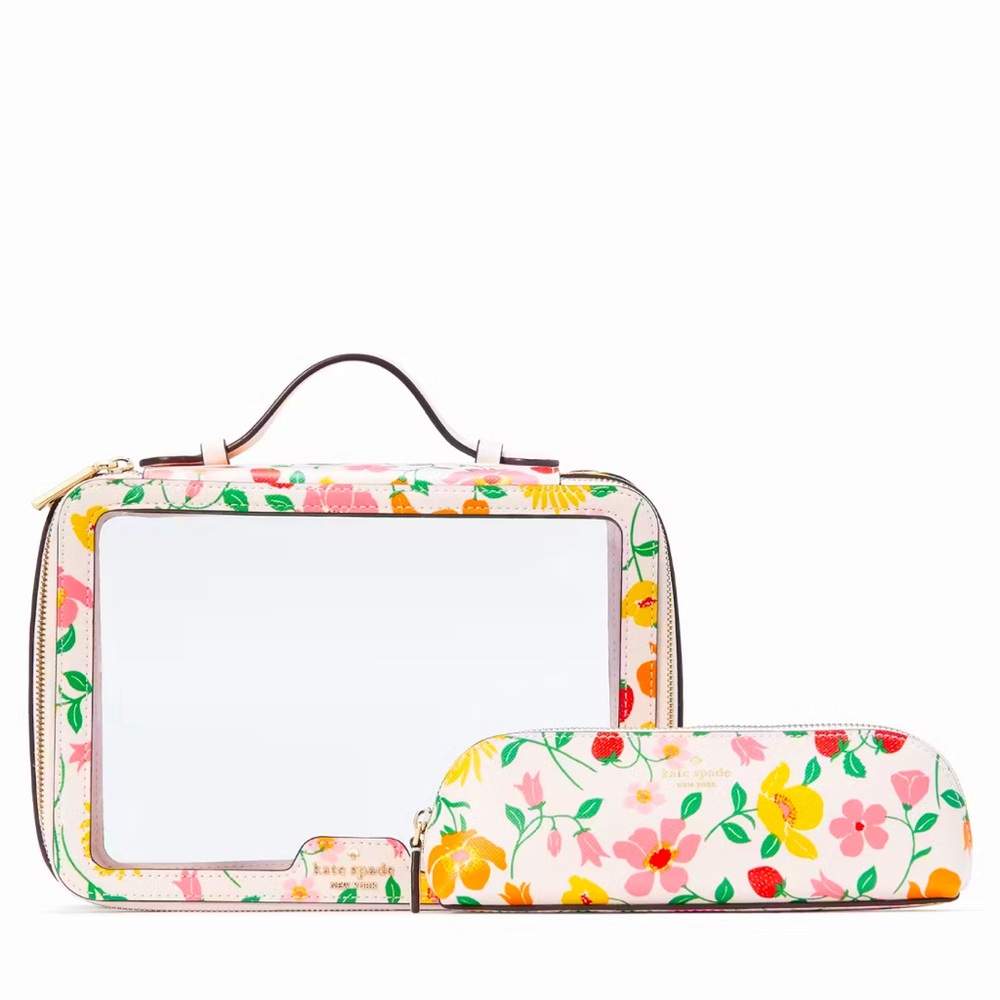 Kate Spade Set of 2 Cosmetic Case Madison Strawberry Garden Travel Toiletry NWT